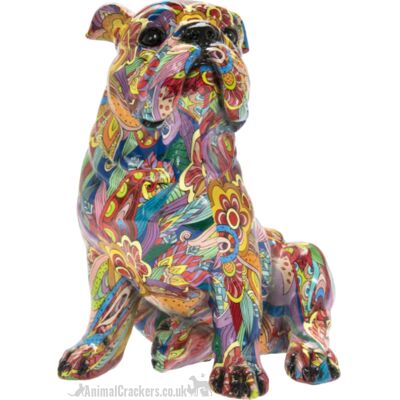 Große, 29 cm große GROOVY ART-Bulldogge-Ornamentfigur in leuchtenden Farben, Hundeliebhabergeschenk