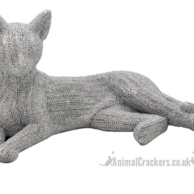 28cm Laying Cat ornament, glitzy glittery silver diamante effect figurine from Lesser & Pavey