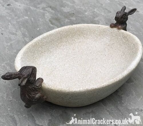 Bird Bath/feeder, aged stone effect bowl with Rabbit decorations, great Bunny lover gift