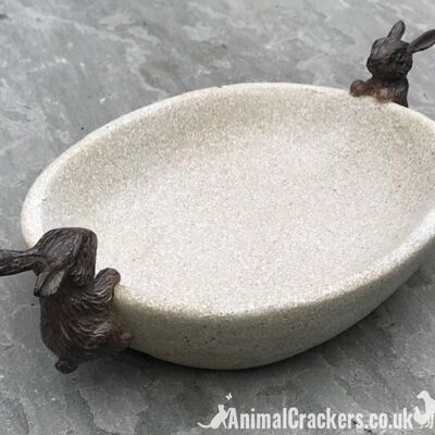 Bird Bath/feeder, aged stone effect bowl with Rabbit decorations, great Bunny lover gift
