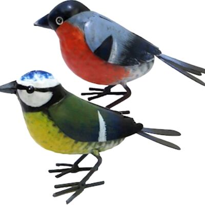 SET OF 2 larger than life (16cm) quirky hand painted metal garden bird ornaments (BLUE TIT + BULLFINCH), great bird lover gift
