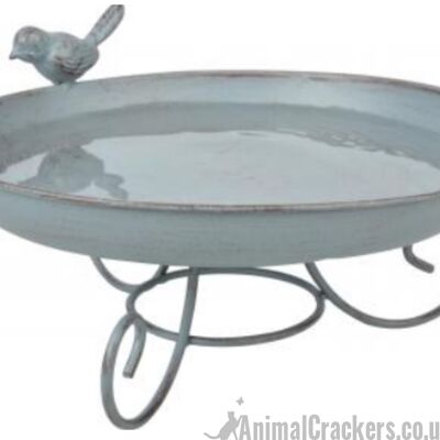 Grey Metal freestanding Bird Bath/Feeder with decorative bird, garden bird/wildlife lover gift