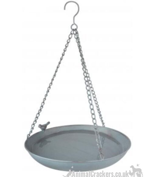 Large 30cm diameter Grey Metal hanging Bird Bath/Feeder with decorative bird, garden bird/wildlife lover gift