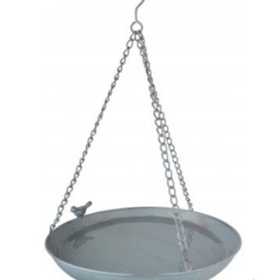 Large 30cm diameter Grey Metal hanging Bird Bath/Feeder with decorative bird, garden bird/wildlife lover gift