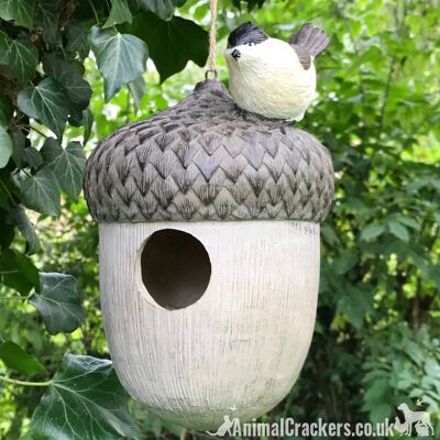 Novedad ACORN BIRD HOUSE NEST BOX decorada con pájaro, regalo para amantes de las aves de jardín