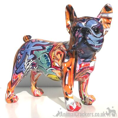 Graffiti-Kunst, leuchtend farbiger Graffiti-Effekt, stehende französische Bulldogge, 'Frenchie'-Ornamentfigur