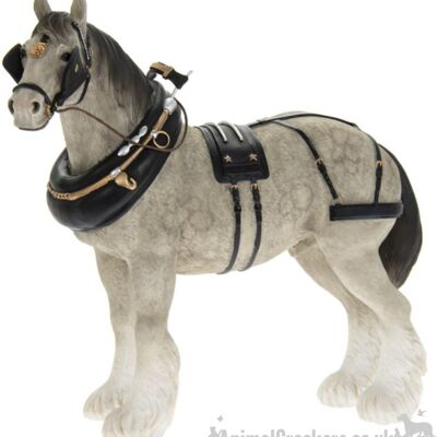 Figura decorativa grande de 22 cm Grey Shire Cart Heavy Horse en arnés, gama Leonardo, en caja de regalo