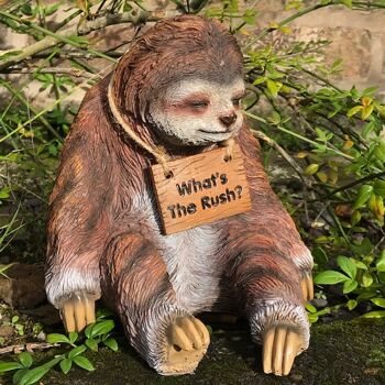 Figurine d'ornement de paresseux somnolent de Stacy Sloth avec 'What's The Rush ? pancarte 2