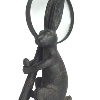 Bronze effect Hare with magnifying glass ornament figurine, Rabbit lover gift