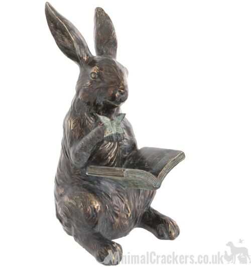 Large bronze effect Hare Reading Book indoor or garden ornament figurine, rabbit lover gift