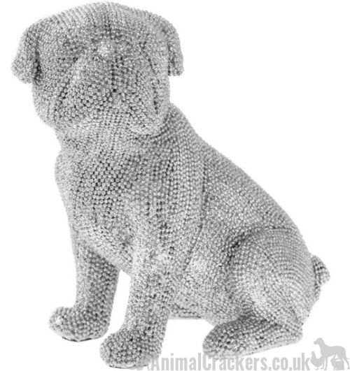 Glitzy silver diamante sat Pug ornament figurine glittery decoration sculpture