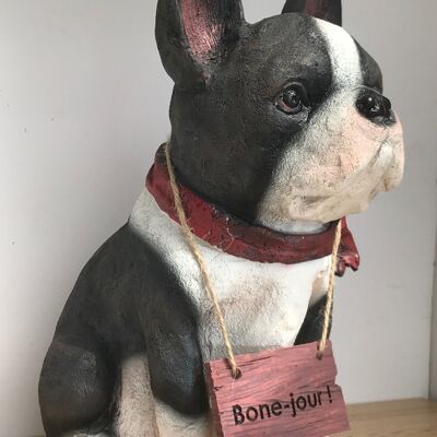Bulldog francés con 'Bone Jour!' Juego de palabras, adorno de signo, regalo novedoso para amantes de Frenchie.