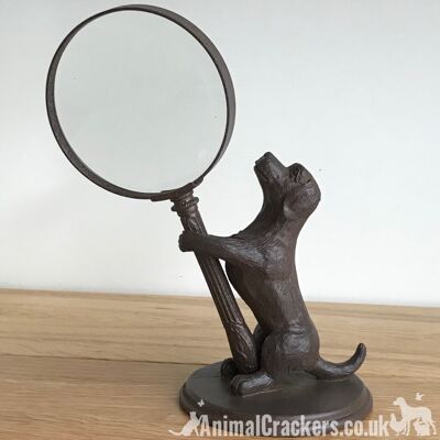 Chien effet bronze tenant une loupe ornement sculpture cadeau d'amant de chien