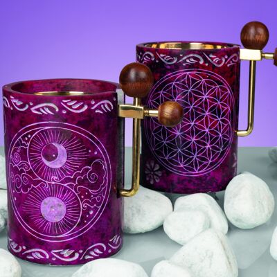 Height-adjustable soapstone warmer "Flower of Life" in pink