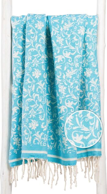 Serviette Fouta Hammam FLEUR - 100x190 cm - pour femme - Turquoise 1