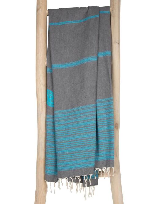 Fouta Hammam towel BIARRITZ - 100x190 cm - Grey with turquoise