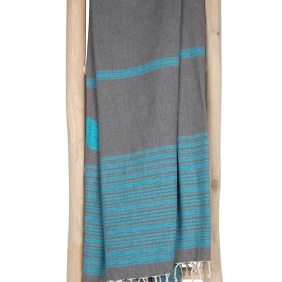 Serviette Fouta Hammam BIARRITZ - 100x190 cm - Gris avec turquoise