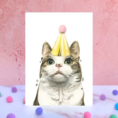 Carte d'anniversaire pompon chat tigré et blanc