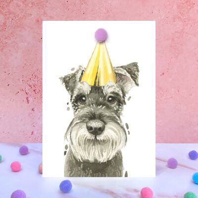 Tarjeta de cumpleaños con pompón de perro Schnauzer