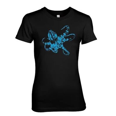 T-shirt da donna serigrafata con polpo con anelli blu (xx grande, nera)