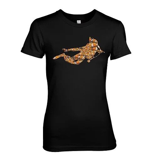 Clown Fish Scuba Diver Silhouette Scuba Diving Reef Ladies T-Shirt (Small, Black)