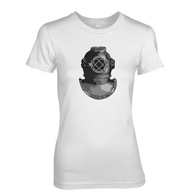 Metal Rhinestud & Print - Antique Diving Helmet Steam Punk Design Ladies T-Shirt (L, White)