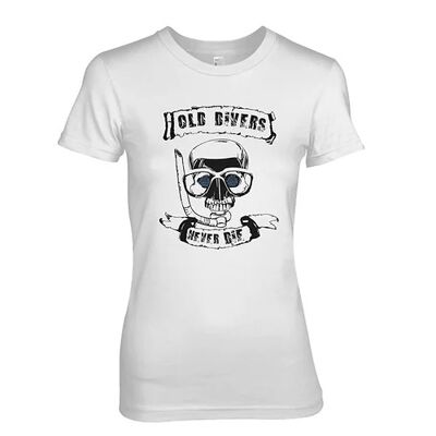 Old Divers Never Die - Screen Print & Rhinestone - Ladies Scuba Diving T-Shirt (XL, White)