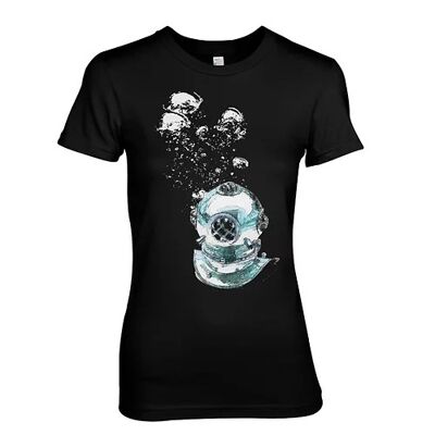 Antiker Taucherhelm und Bubbles Scuba Diving Design Damen T-Shirt (xx Large) Schwarz