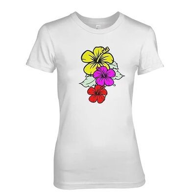 Camiseta con diseño de flores de hibisco y diseño de surf hawaiano de Blue Ray T-Shirts. Camiseta de playa para mujer (M, blanca)