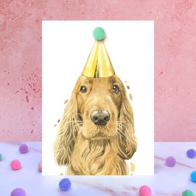 Tarjeta de cumpleaños con pompón de perro Cocker Spaniel de jengibre