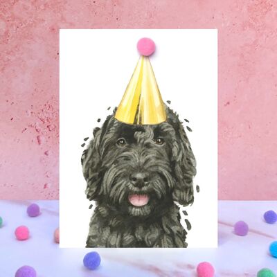 Tarjeta de cumpleaños con pompón de perro Cockapoo negro