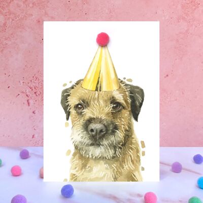 Tarjeta de cumpleaños con pompón de perro Border Terrier