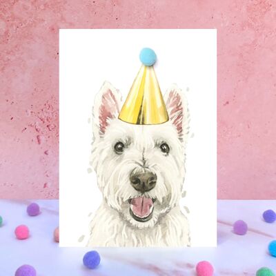 Tarjeta de cumpleaños con pompón de perro West Highland Terrier