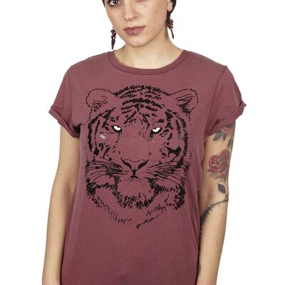 Schwarzes Tiger-T-Shirt Roll-Up Damen Stone Wash Burgund