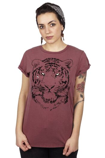 T-shirt tigre noir roll-up dames stone wash bordeaux