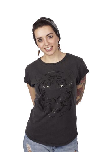 T-shirt tigre noir roll-up dames vintage noir