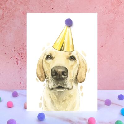 Tarjeta de cumpleaños con pompón de perro Labrador amarillo