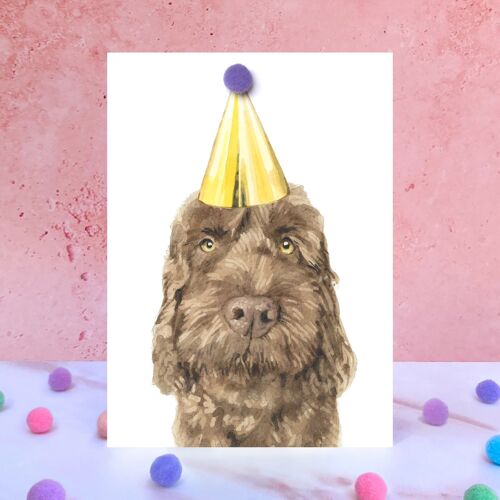Chocolate Cockapoo Dog Pompom Birthday Card