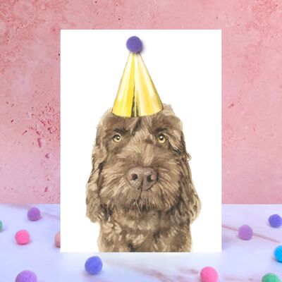 Tarjeta de cumpleaños con pompón de perro Cockapoo de chocolate