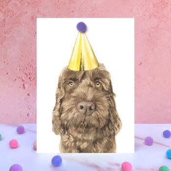 Carte d'anniversaire pompon chien Cockapoo chocolat 1