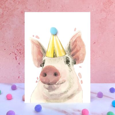 Carte d'anniversaire pompon cochon