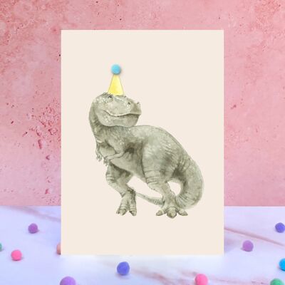Tarjeta de cumpleaños con pompón de dinosaurio T-Rex