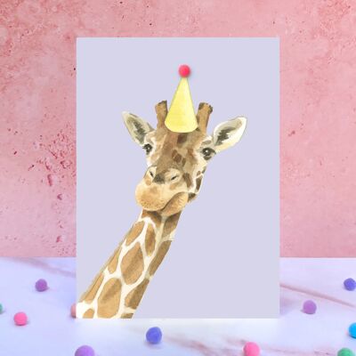 Tarjeta de cumpleaños con pompón de animal de jirafa