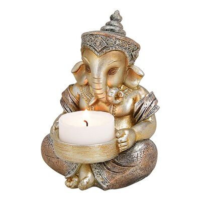Ganesha mit Tealichthalter aus Poly Champagner (B/H/T) 8x11x8cm