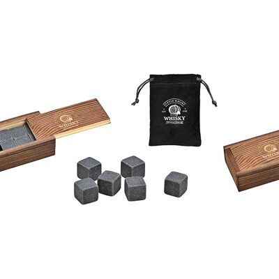 Whisky Stein Set, Eiswürfel aus Basalt Stein 2x2x2cm Grau 6er Set, in Holzbox (B/H/T) 10x6x3cm