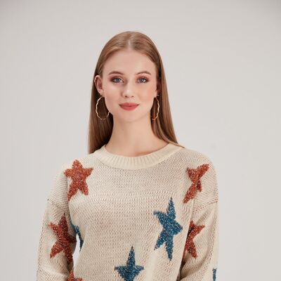 Colourful Relaxed Star Jumper in Stone Beige