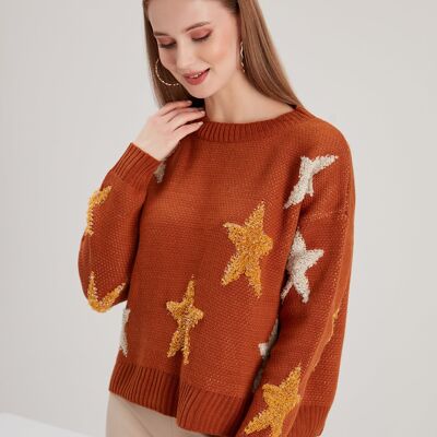 Colourful Relaxed Star Jumper Tobacco Brown