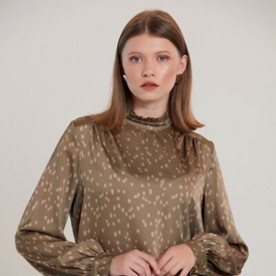 Khaki High Neck Blouse With Dots