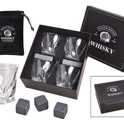 Whisky Stein Set, Eiswüfel aus Basalt Stein, 2cm, 8 Würfel mit 4 Gläser 9x8x9cm 300ml, 26,6x11,5x23,6cm