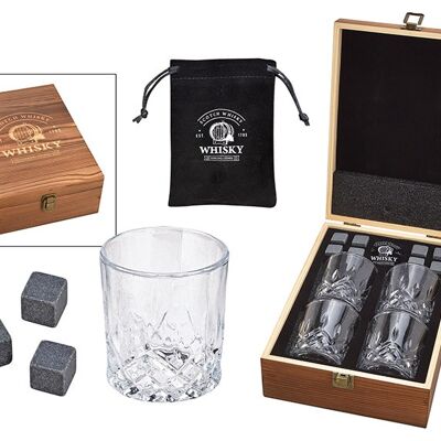 Whisky Stein Set, Eiswüfel aus Basalt Stein, 2cm, 8 Würfel mit 4 Gläser 9x8x9cm, 300ml, in Holzbox 21,5x10x30,7cm